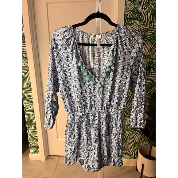 Seafolly Women's Blue Geometric Boho Tassels V-Neck Playsuit Romper Size Small - Picture 2 of 10